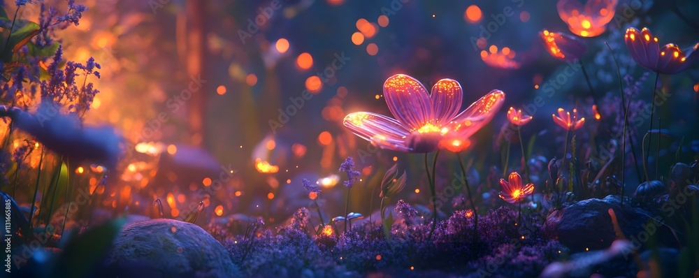 Poster a vibrant display of glowing flowers in a mystical forest setting, illuminated by soft light creatin