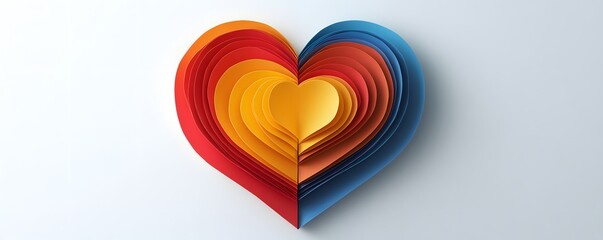 Fototapeta premium A vibrant, heart-shaped design crafted from layered paper, showcasing a blend of warm colors like red, orange, and yellow, merging with cool shades of blue