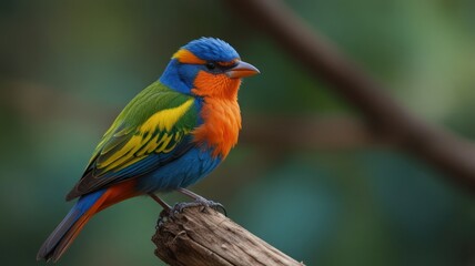 Fototapeta premium Vibrant blue, orange, and green bird perched on a branch.