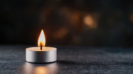 Lit tealight candle on dark surface with blurred background