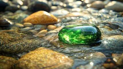 Green glass stone in a shallow stream.