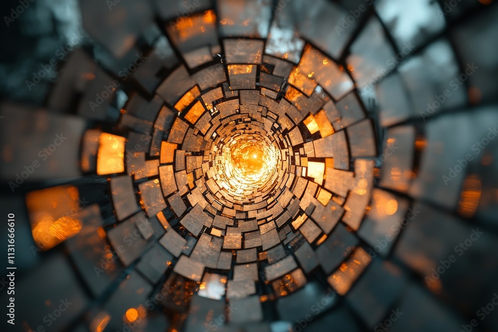 Poster spiral of glowing tiles creates a mesmerizing tunnel effect in an abstract composition