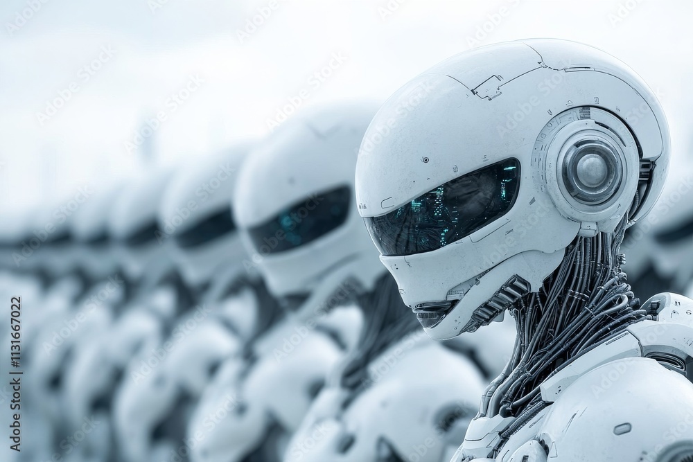 Poster futuristic robots lined up in a warehouse showcasing advanced technology and design