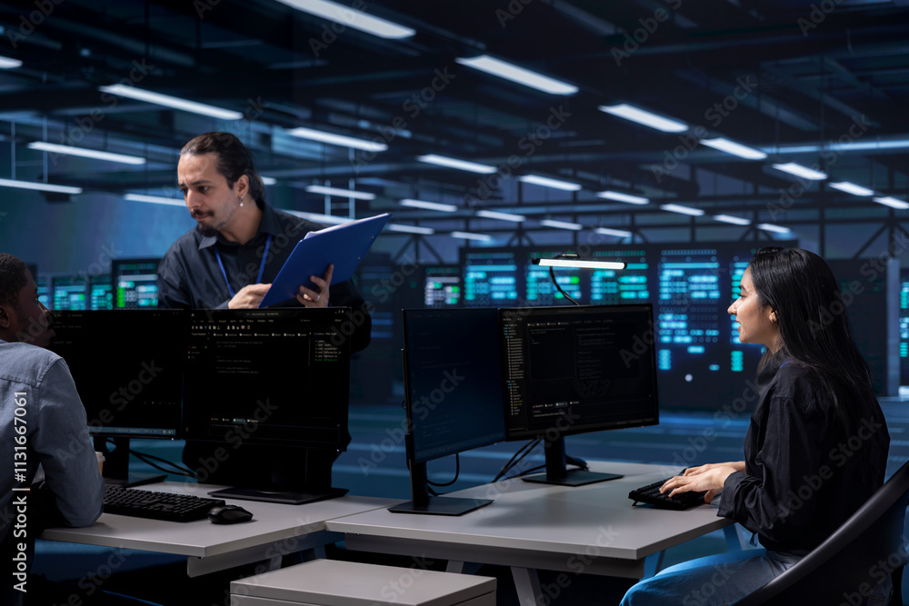 Poster multiethnic staff members in data center updating systems, protecting equipment from damaging softwa