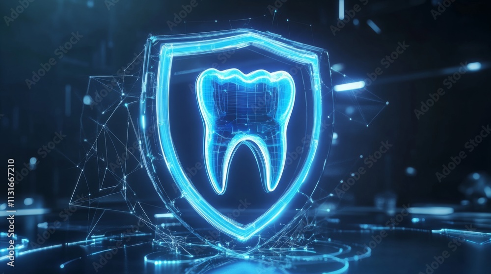 Poster this graphic showcases a digital shield featuring a tooth icon, representing advancements in artific