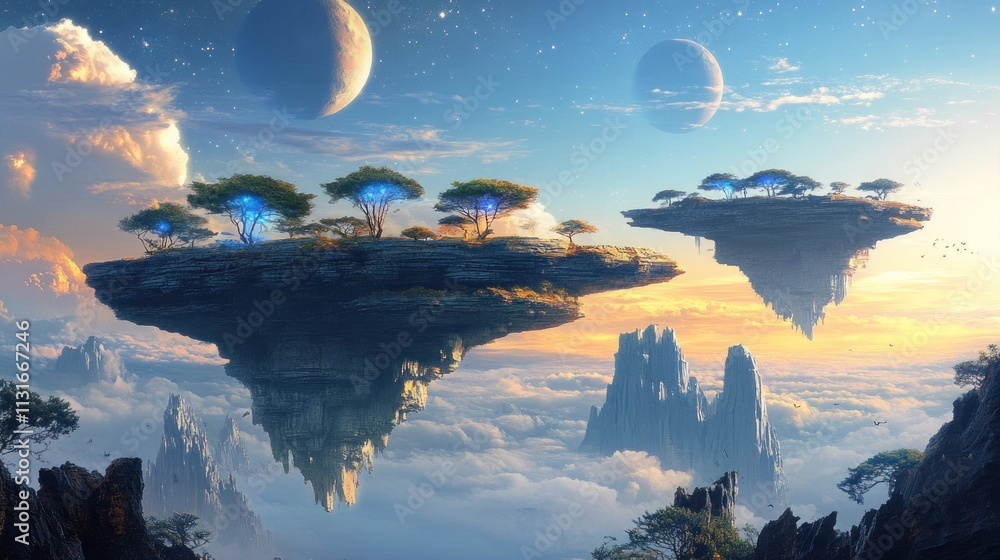 Poster two floating islands with glowing trees above a sea of clouds and mountains under a twilight sky wit