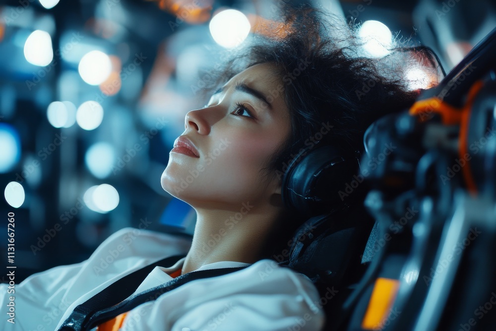 Poster engineering dreams in a futuristic cockpit with illuminated controls and a focused astronaut resting