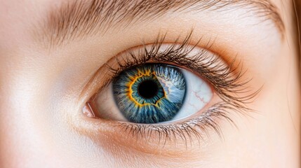 Obraz premium The close up zoomed image captures the intricate patterns of the human blue eye, showcasing its depth and beauty in stunning realism.