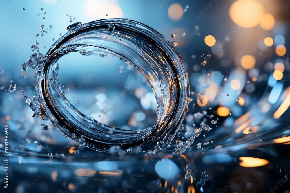 Poster captivating splash of water creates a circular motion with blurred lights in the background