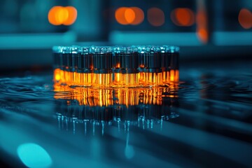 Nuclear fuel rods submerged in water nuclear facility glowing phenomenon underwater scene close-up view radiation concept for science enthusiasts