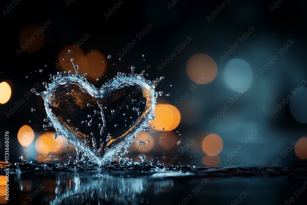 Poster water splashes forming a heart shape with bokeh lights in the background during nighttime
