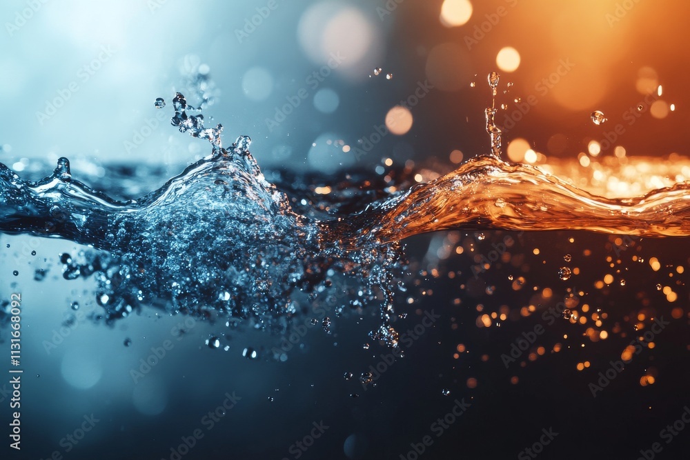Aufkleber splashes of water create visual contrast between cool blue and warm orange tones in a dynamic artist