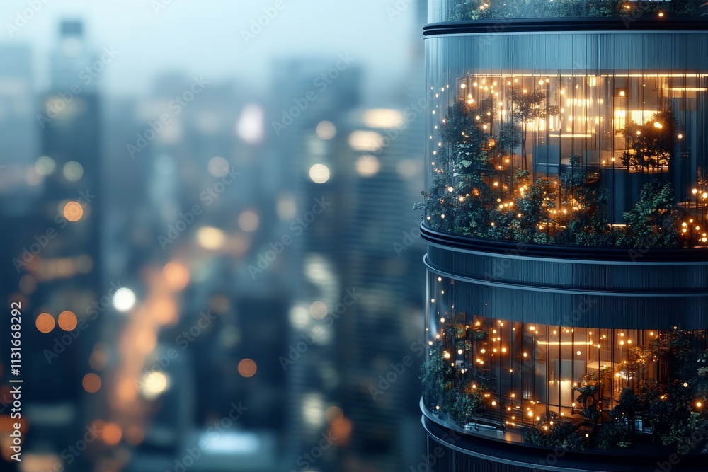Poster modern skyscraper in urban setting illuminated by decorative lights and surrounded by greenery at du