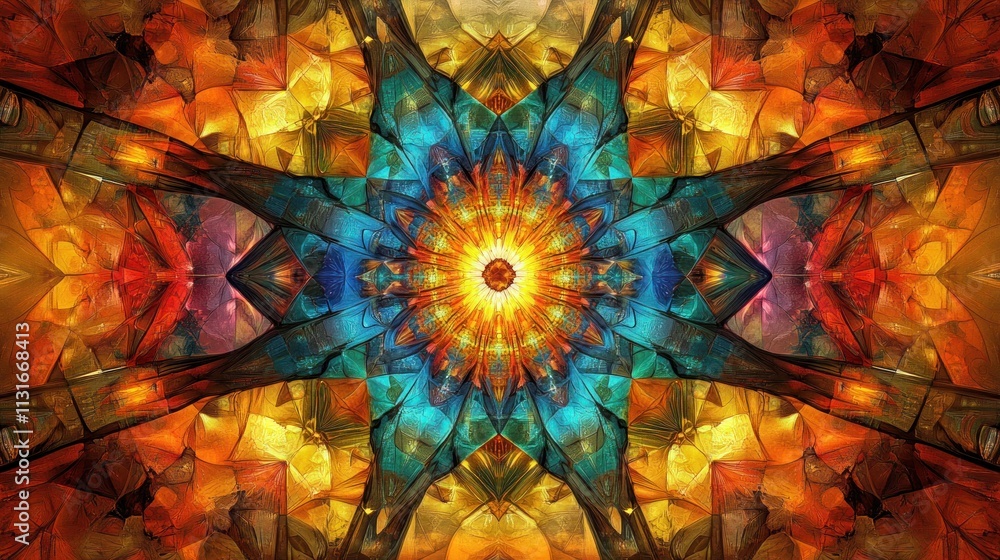 Poster abstract fractal art with vibrant colors and symmetrical patterns, resembling a radiant gemstone or 