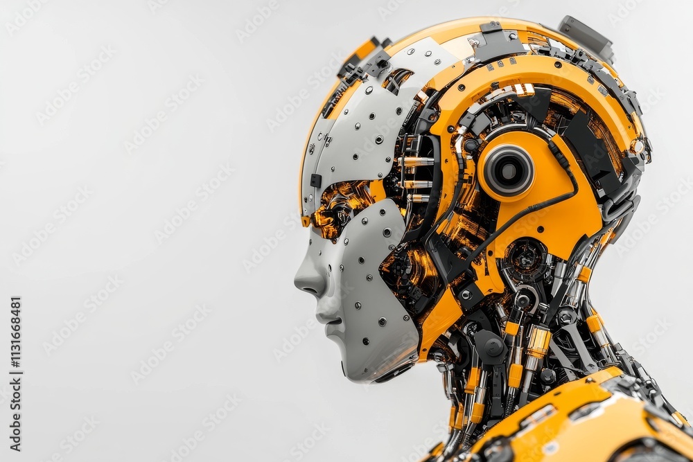 Poster futuristic robotic head showcasing intricate design and technology in a modern setting