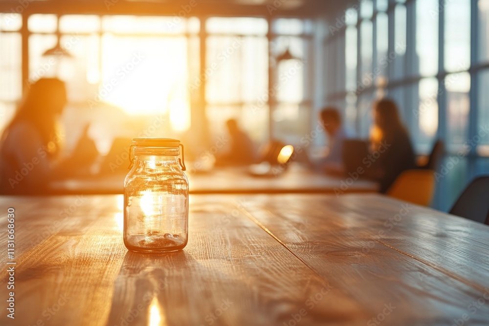 Poster bright sunlight streams through windows in a workspace setting with a jar on a wooden table and peop