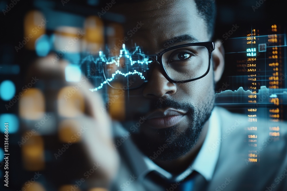 Poster professional man analyzing data trends in a modern digital workspace with financial graphs projected