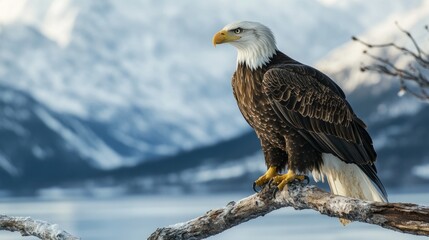 Obraz premium Bald Eagle Perched on Branch in Snowy Landscape