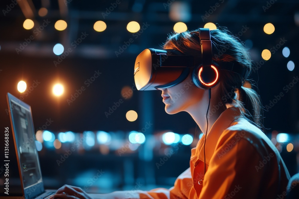 Poster engaging woman explores virtual reality using headset and computer in modern tech environment