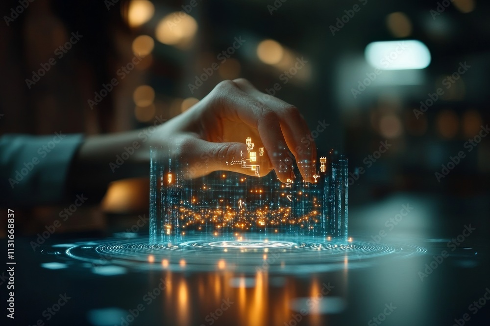 Poster digital interface manipulation displayed by a hand in a modern workspace showcasing advanced technol