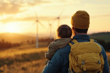 Father and child enjoy a sunset view with wind turbines in the background on a countryside adventure