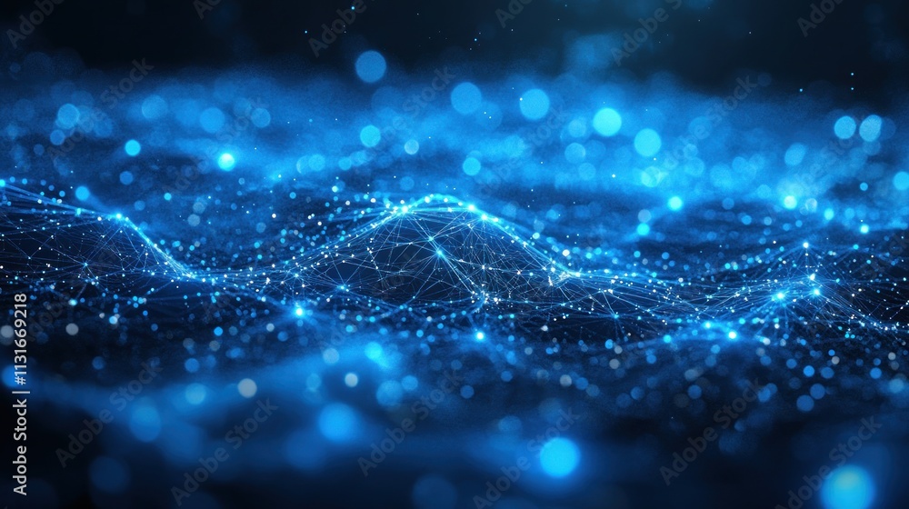 Poster abstract blue digital wave background with glowing particles and connecting lines.