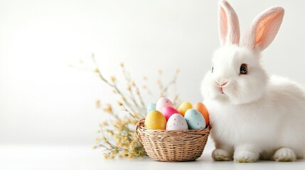 A fluffy white Easter bunny with pink ears and a basket full of colorful eggs, isolated on a bright white background.