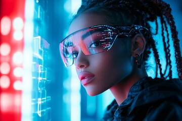 Young woman in futuristic sunglasses posing against neon lights during a vibrant urban night scene