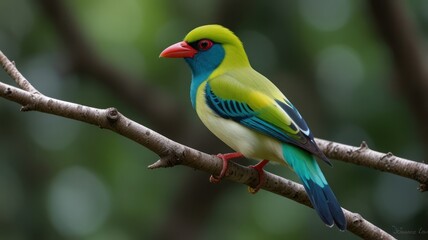 Vibrant green and blue bird perched on a branch.