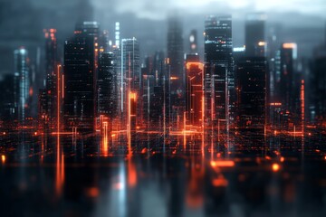 Obraz premium Modern city skyline illuminated by vibrant lights during nighttime with a futuristic atmosphere