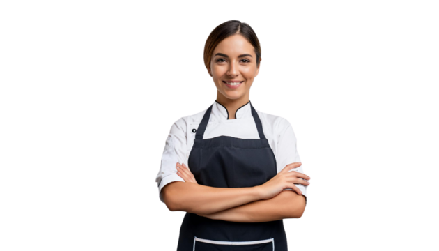 A smiling young female chef with her arms crossed, dressed in an apron, set against a white background.