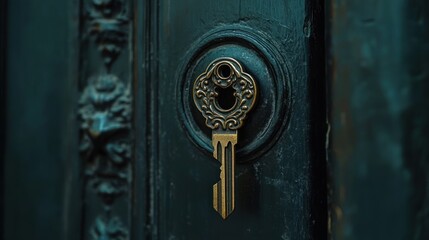 Antique brass key in ornate dark green door.