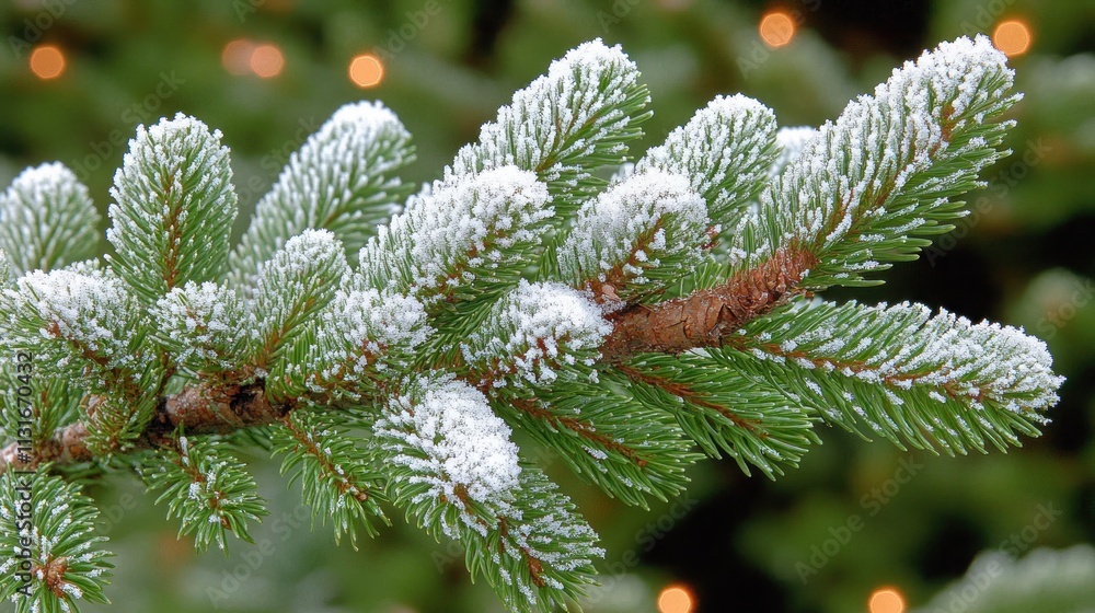 Poster frosty pine branch with bokeh lights.
