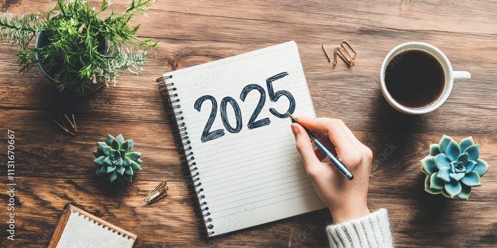 Poster a person writes the year 2025 in a notebook, representing future planning and goal setting, while en