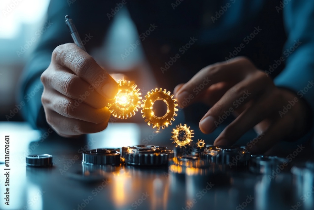 Poster Innovative engineering hands constructing glowing gears in a workspace with soft lighting