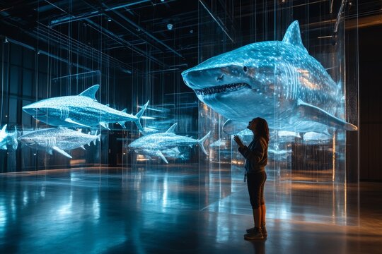 Interactive holographic exhibit showcases large sharks in a modern museum setting