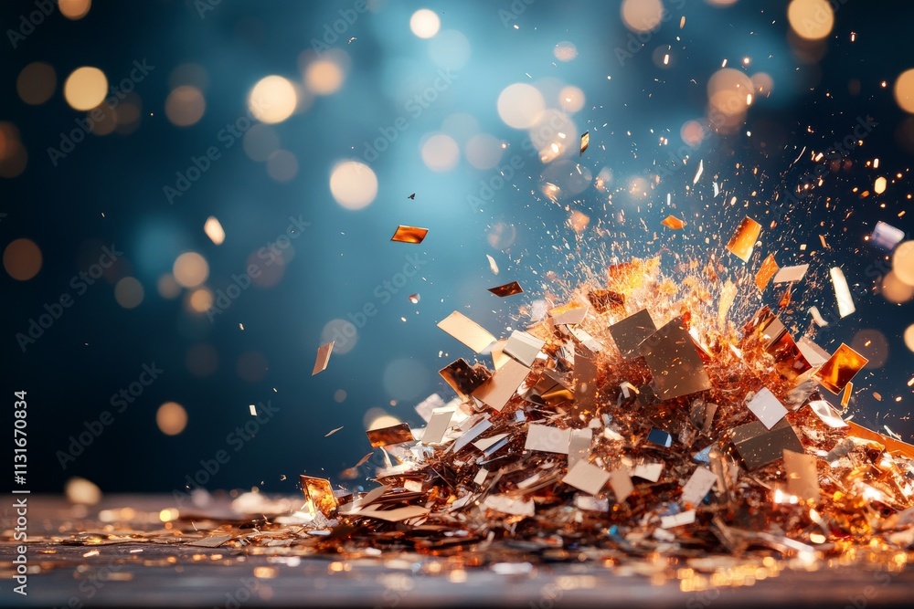 Poster sparks and gleaming fragments explode in brilliant display against a blurred backdrop at an artistic