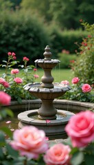 garden with a stone fountain surrounded by blooming roses