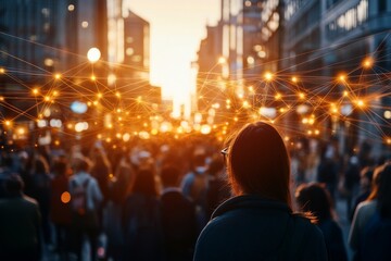 Crowd of people on a city street at sunset with glowing lights and digital connections visible in the atmosphere