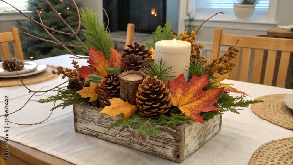 Aufkleber a tasteful centerpiece composed of seasonal foliage and rustic elements rests elegantly on the table
