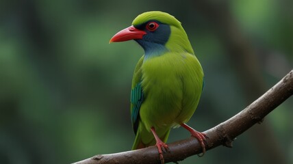 Green bird with red beak perched on branch. (2)