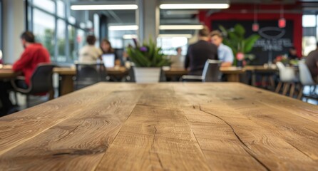 Fototapeta premium selective focus.Counter top cafe bar,wood texture table with blur people sitting in modern working space.