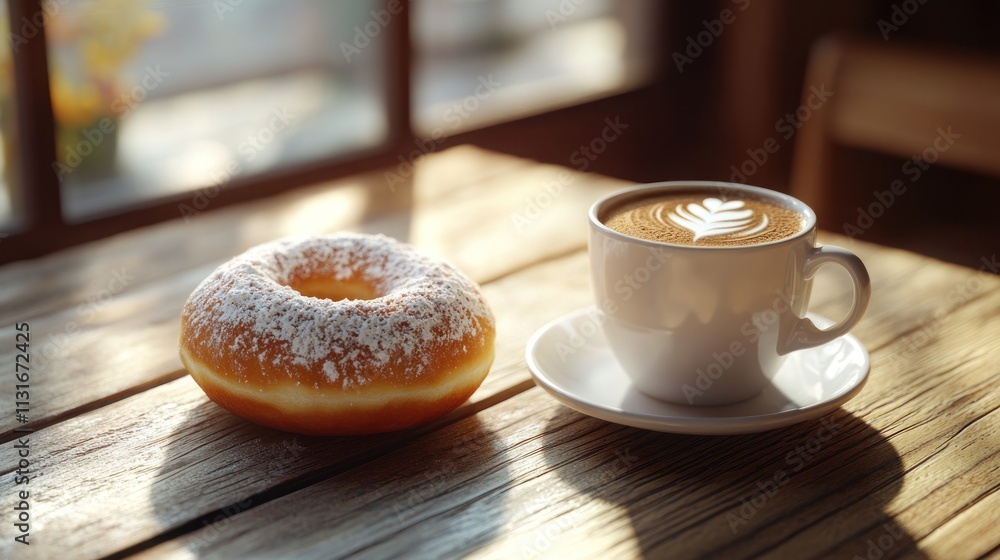Poster Powdered sugar donut and latte on rustic wooden table by window.