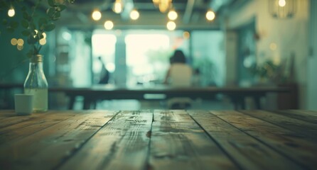 Fototapeta premium selective focus.Counter top cafe bar,wood texture table with blur people sitting in modern working space.