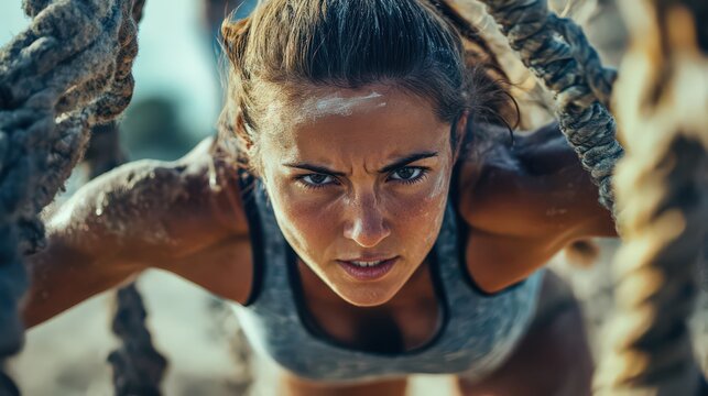 A woman athlete trains for extreme obstacle courses, showcasing the mental and physical resilience required for such challenges