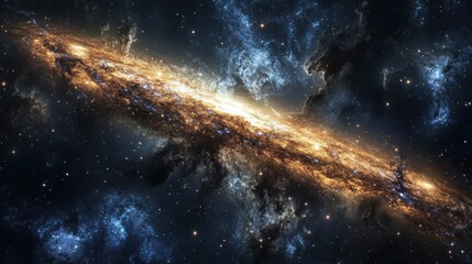 Obraz premium A chaotic and irregular galaxy with no defined shape, scattered with young stars, gas clouds, and dark dust.