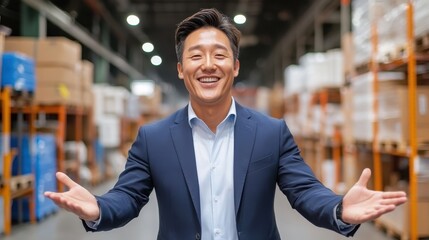 A joyful man in a sleek blue suit stretches his arms wide, giving a welcoming gesture in a well-lit industrial warehouse path filled with organized products.