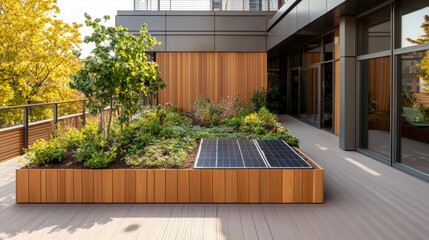 Sustainable rooftop garden featuring integrated solar panels urban rooftop landscape design modern architecture aesthetic viewpoint eco-friendly concept