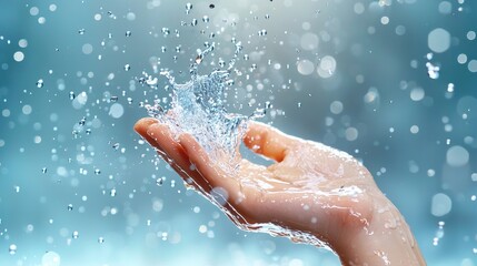 Fototapeta premium The close up image captures the dynamic motion of water splashing onto a hand, showcasing the intricate patterns and textures created by the collision of liquid against skin.