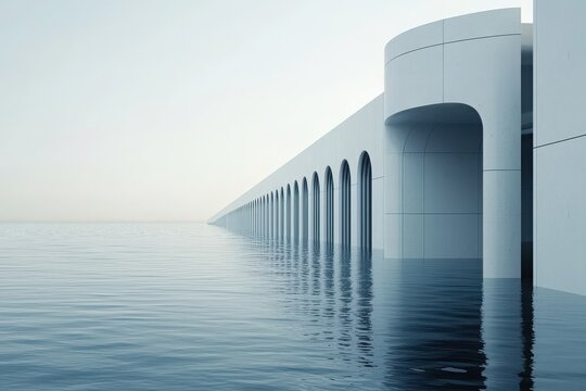 Futuristic data center flood protection system coastal environment conceptual architecture high-tech design serene viewpoint for seo impact